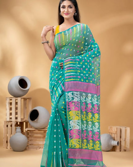 Exquisite Turquoise Blue and Pink Pure Cotton Jamdani Saree with Zari Details