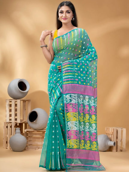 Exquisite Turquoise Blue and Pink Pure Cotton Jamdani Saree with Zari Details