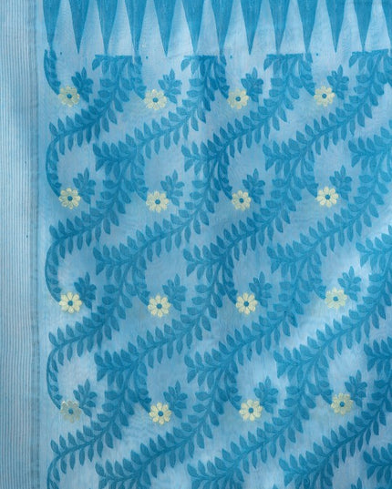 Exquisite Blue White Jamdani Saree: Pure Cotton Floral Woven Design Sari
