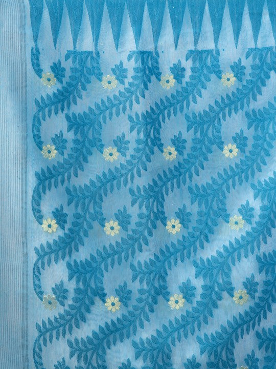 Exquisite Blue White Jamdani Saree: Pure Cotton Floral Woven Design Sari