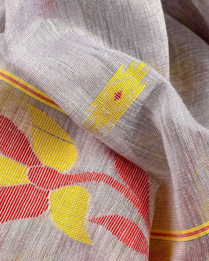 Exquisite Silver-Toned Red Silk Cotton Taant Saree with Woven Ethnic Motifs