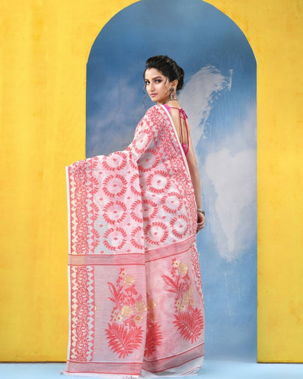 Exquisite Red & White Woven Design Jamdani Saree with Elegant Floral Patterns