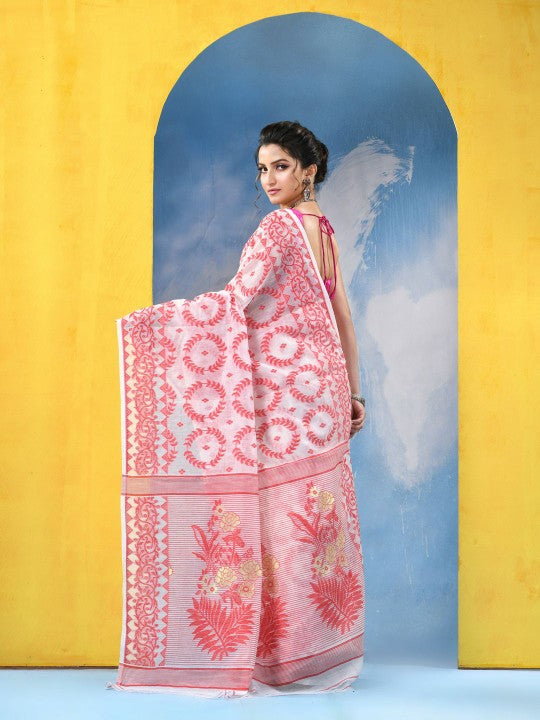 Exquisite Red & White Woven Design Jamdani Saree with Elegant Floral Patterns