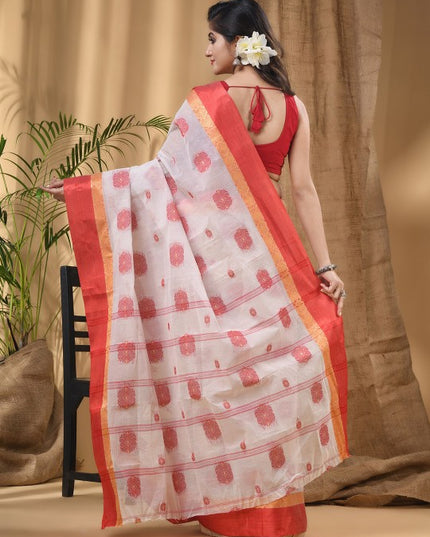 DESH BIDESH Ethnic Motifs Woven Design Zari Pure Cotton Taant Saree