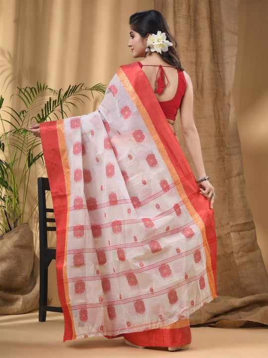 DESH BIDESH Ethnic Motifs Woven Design Zari Pure Cotton Taant Saree