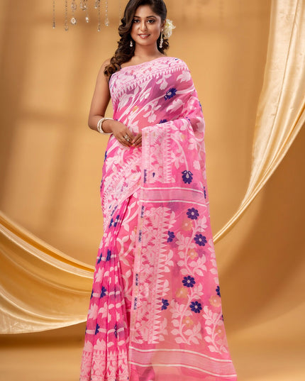 DESH BIDESH Floral Woven Design Zari Pure Cotton Jamdani Saree