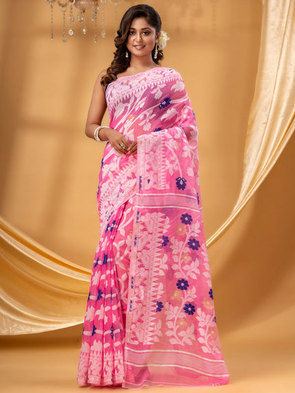 DESH BIDESH Floral Woven Design Zari Pure Cotton Jamdani Saree