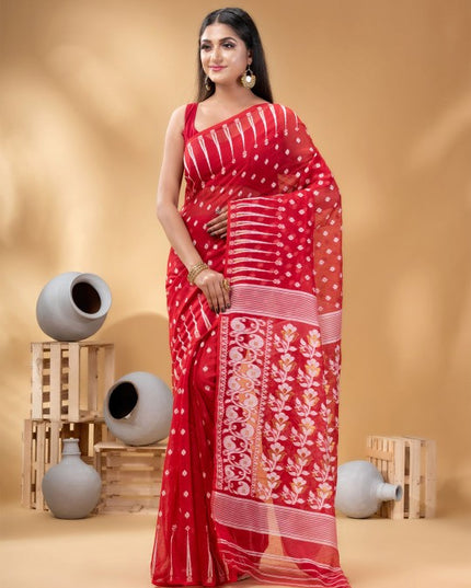 Exquisite Red & White Pure Cotton Jamdani Saree with Woven Ethnic Motifs