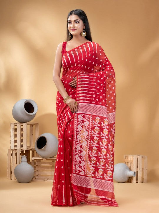 Exquisite Red & White Pure Cotton Jamdani Saree with Woven Ethnic Motifs