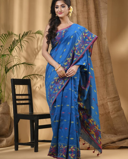 Exquisite Blue-Green Woven Design Silk Cotton Taant Saree for Women