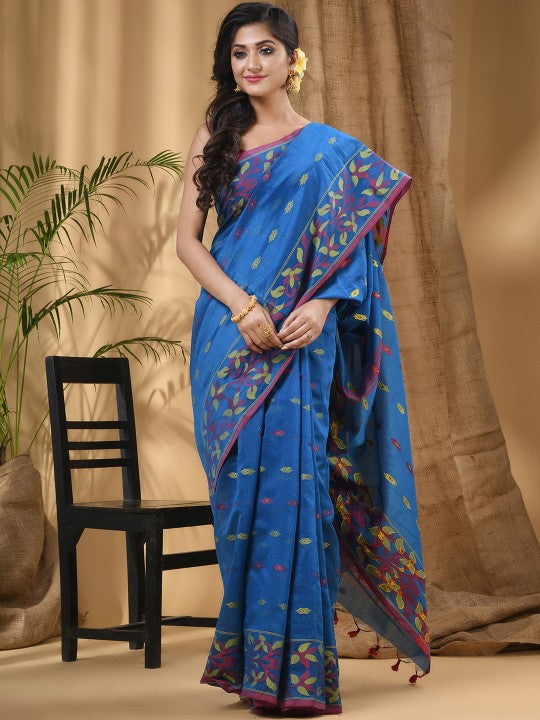 Exquisite Blue-Green Woven Design Silk Cotton Taant Saree for Women