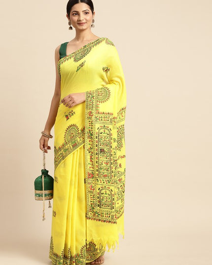 DESH BIDESH Yellow & Green Warli Pure Cotton Taant Saree