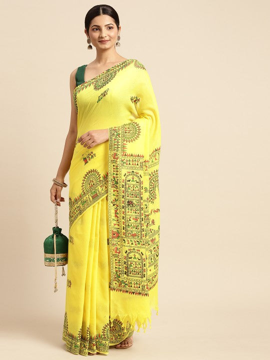 DESH BIDESH Yellow & Green Warli Pure Cotton Taant Saree