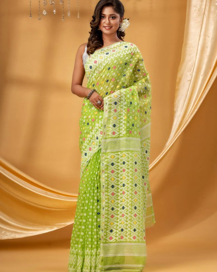DESH BIDESH Green & White Ethnic Motifs Woven Pure Cotton Jamdani Saree