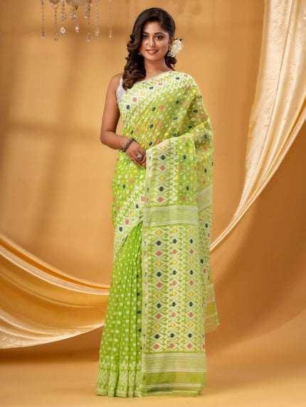 DESH BIDESH Pure Cotton Jamdani Saree: Green, White, Woven Ethnic Motifs