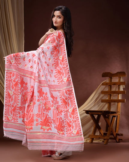 DESH BIDESH Women's Elegant Floral Woven Pure Cotton Jamdani Saree