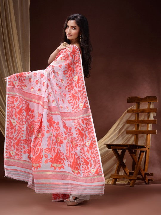 DESH BIDESH Women's Elegant Floral Woven Pure Cotton Jamdani Saree