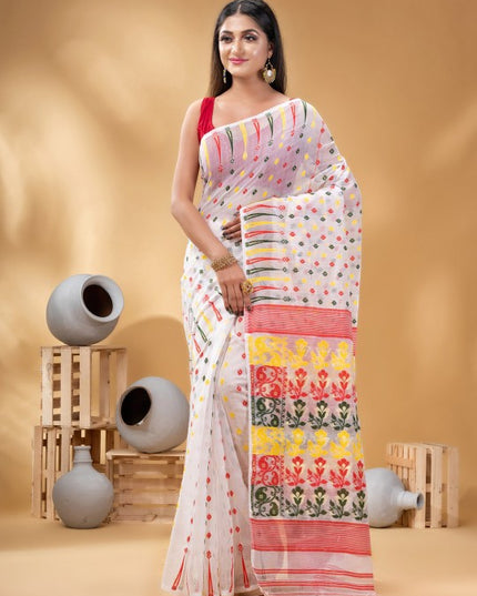 DESH BIDESH White and Red Woven Design Pure Cotton Jamdani Saree
