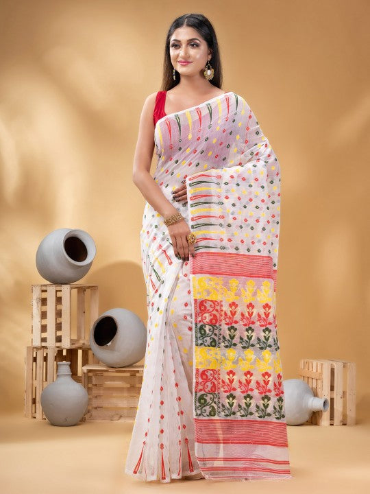 DESH BIDESH White and Red Woven Design Pure Cotton Jamdani Saree