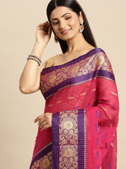 DESH BIDESH Pink Ethnic Motifs Pure Cotton Taant Saree