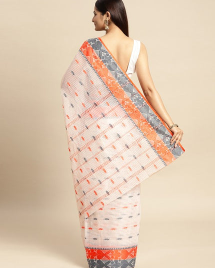 DESH BIDESH White Pure Cotton Taant Saree with Ethnic Motifs and Woven Design Border