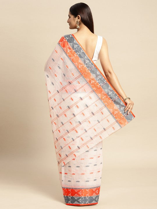 DESH BIDESH White Pure Cotton Taant Saree with Ethnic Motifs and Woven Design Border