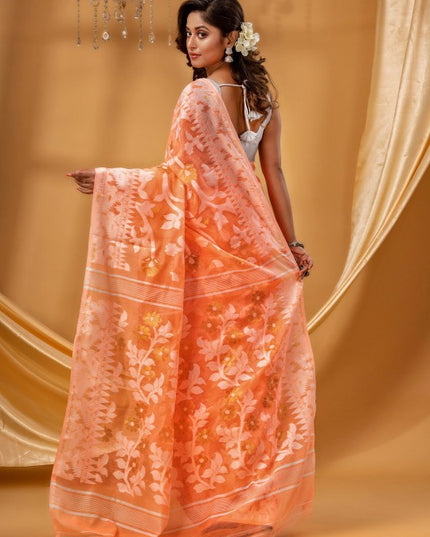 DESH BIDESH Orange White Pure Cotton Jamdani Saree with Woven Floral Design