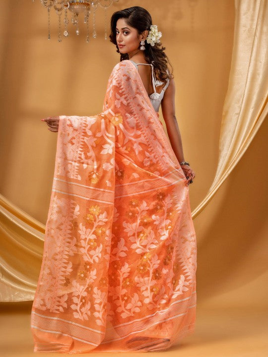 DESH BIDESH Orange White Pure Cotton Jamdani Saree with Woven Floral Design