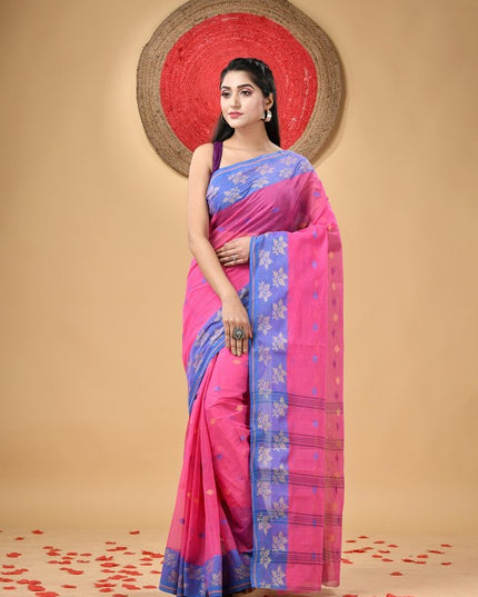 Pink Pure Handloom Cotton Saree with Leaf Woven Design and Taant Borders