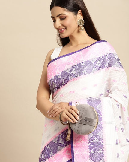DESH BIDESH White & Pink Ethnic Motifs Pure Cotton Taant Saree