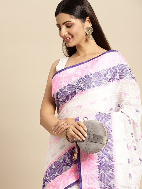 DESH BIDESH White & Pink Ethnic Motifs Pure Cotton Taant Saree