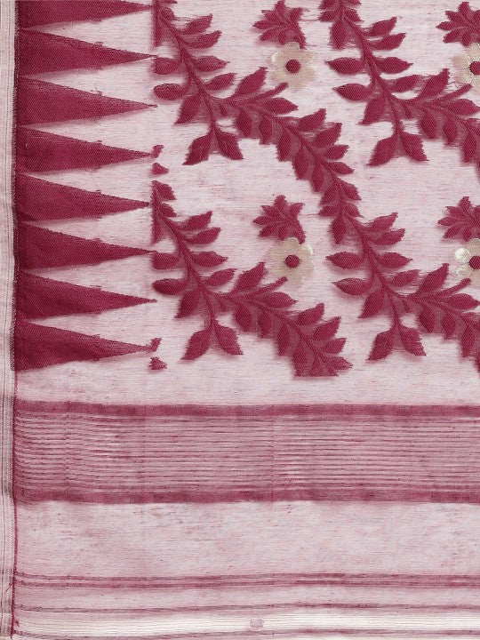 DESH BIDESH Magenta & White Ethnic Motifs Pure Cotton Taant Saree
