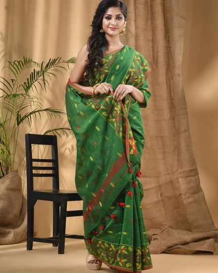 DESH BIDESH Green & Red Woven Design Silk Cotton Taant Saree for Women