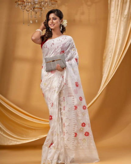 DESH BIDESH White & Red Pure Cotton Jamdani Saree, Woven Zari Design