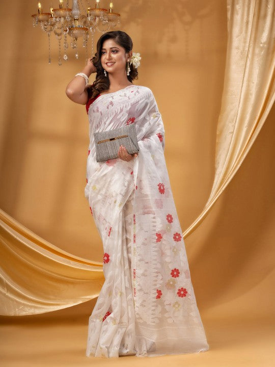DESH BIDESH White & Red Pure Cotton Jamdani Saree, Woven Zari Design
