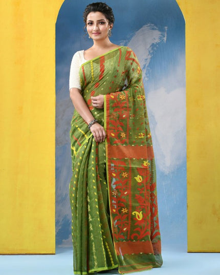 DESH BIDESH Traditional Woven Green Jamdani Saree with Orange Floral Border