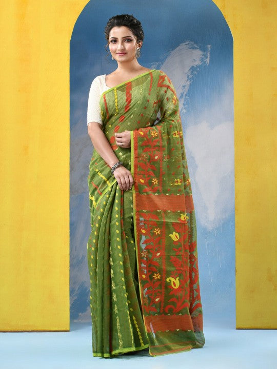 DESH BIDESH Traditional Woven Green Jamdani Saree with Orange Floral Border