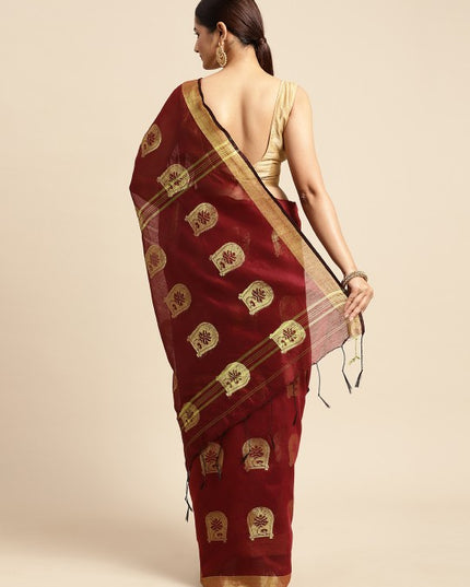 DESH BIDESH Maroon & Golden Ethnic Design Pure Cotton Taant Saree