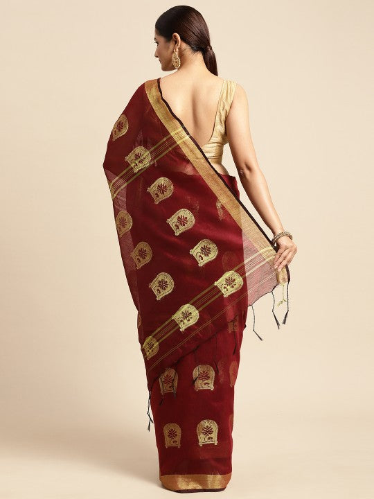 DESH BIDESH Maroon & Golden Ethnic Design Pure Cotton Taant Saree