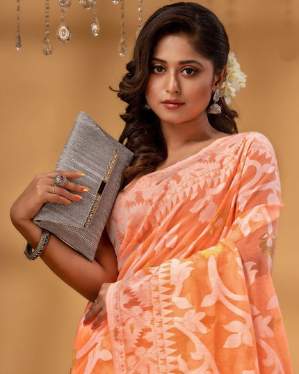 DESH BIDESH Orange White Pure Cotton Jamdani Saree with Woven Floral Design