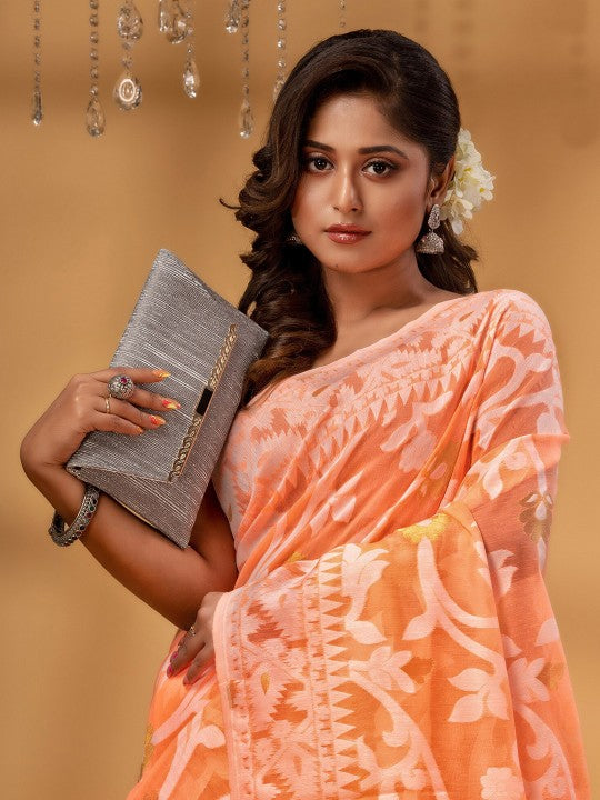 DESH BIDESH Orange White Pure Cotton Jamdani Saree with Woven Floral Design