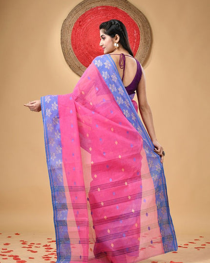 Pink Pure Handloom Cotton Saree with Leaf Woven Design and Taant Borders