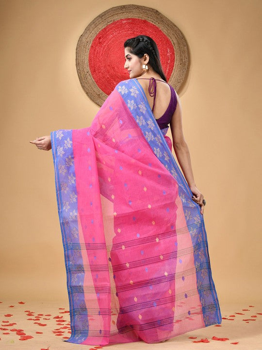 Pink Pure Handloom Cotton Saree with Leaf Woven Design and Taant Borders