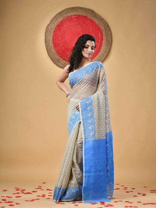DESH BIDESH Woven Design Polka Dots Jamdani Saree for Women