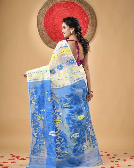 Exquisite Jamdani Cotton Handloom Saree with Paisley Woven Phulkari Design