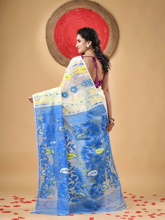 Exquisite Jamdani Cotton Handloom Saree with Paisley Woven Phulkari Design