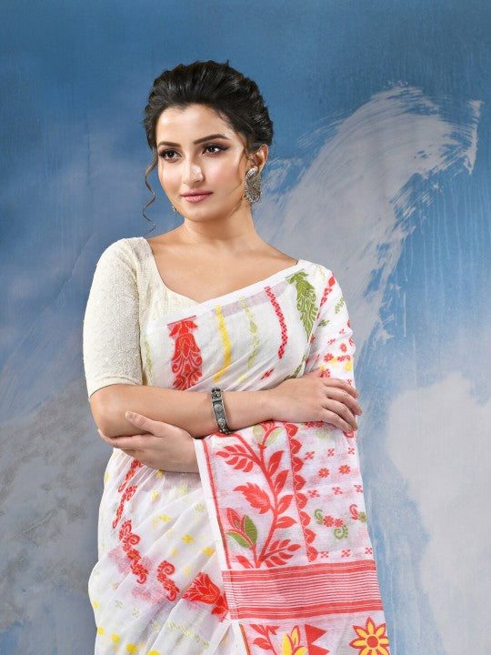 Exquisite Handloom Cotton Blend Soft Dhakai Jamdani Saree with Woven Design