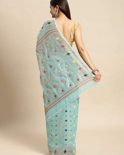 DESH BIDESH Blue & Black Woven Design Pure Cotton Jamdani Saree