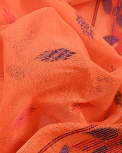 Orange & Blue Woven Design Silk Cotton Taant Saree with Ethnic Motifs