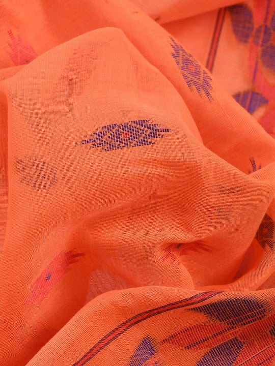 Orange & Blue Woven Design Silk Cotton Taant Saree with Ethnic Motifs